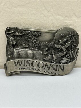 Wisconsin State Pewter Belt Buckle The Great Escape Vintage 1984 Bergamot Brass